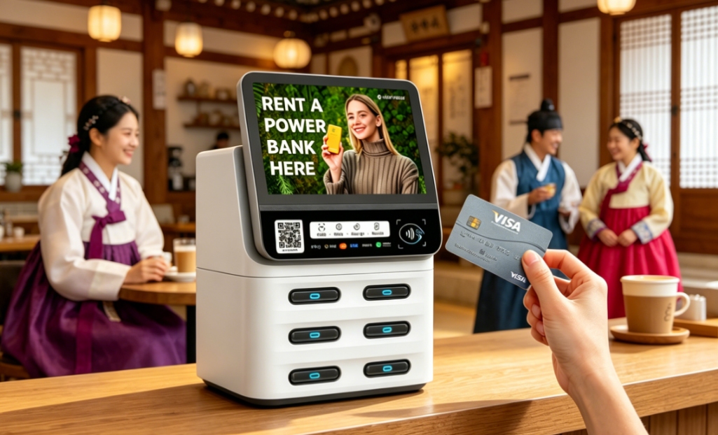 Korean shared power bank devices in store usage, including 6-port, Pro series, and screen cabinets, supporting multiple payment methods